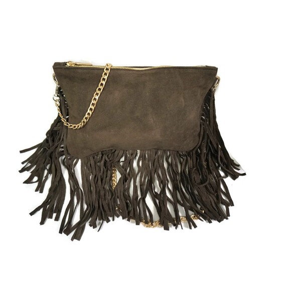 Handira Fringe Shoulder Bag: Moroccan Suede Leather Purse - Picture 2 of 9